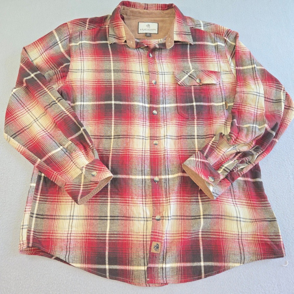 Legendary Whitetails Flannel Shirt Mens LG Red Plaid Corduroy Trim 6464